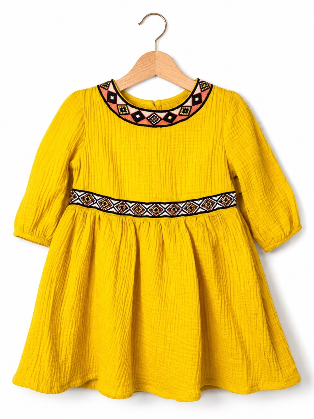 OshKosh B’gosh Mustard Yellow Gauze Dress. Embroidered Trim. 4T. Great Condition